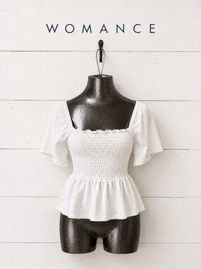 WOMANCE White Smocked Peplum Top Size M